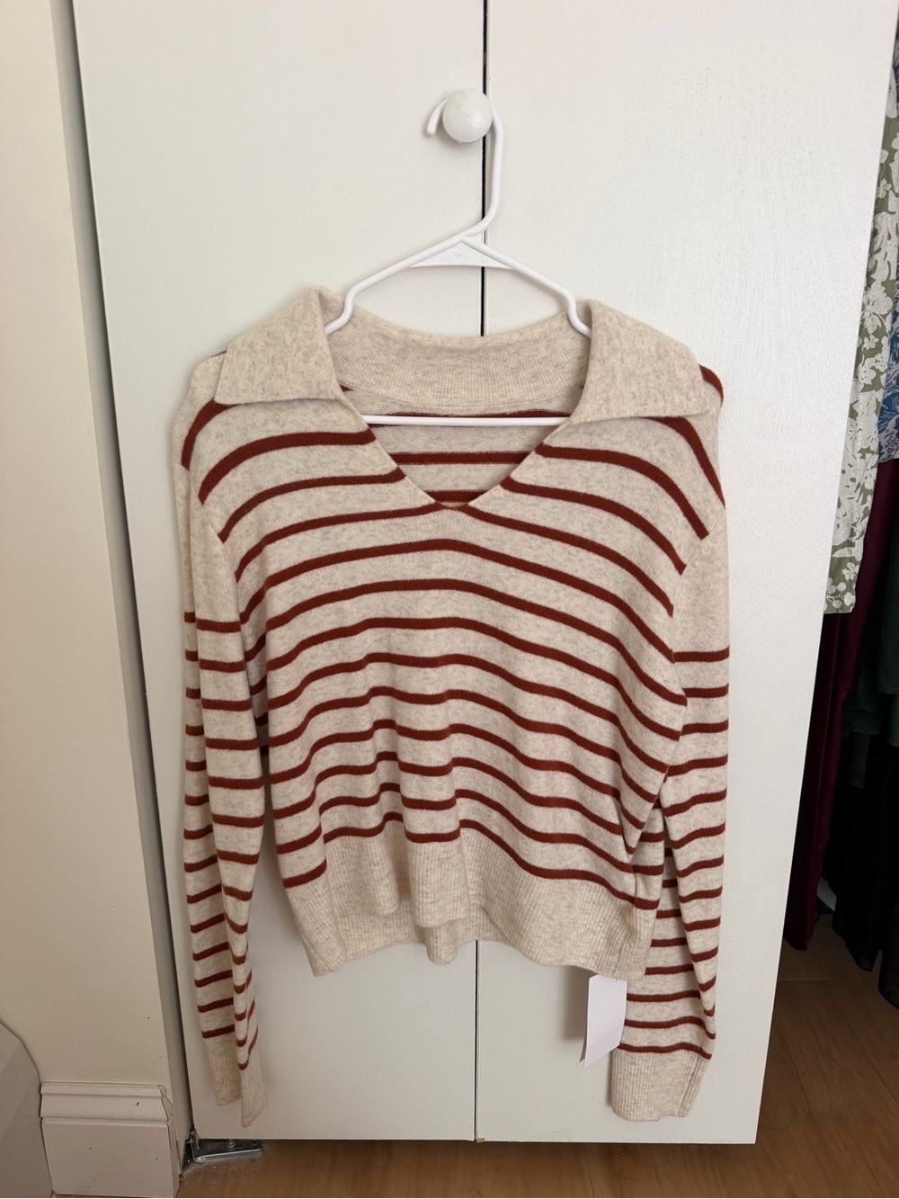 Striped V-Neck Collared Sweater - Cream with Rust Stripes